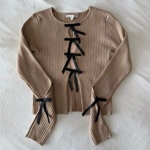 Tan Lace Up Bow Detail Slit Sleeve Top